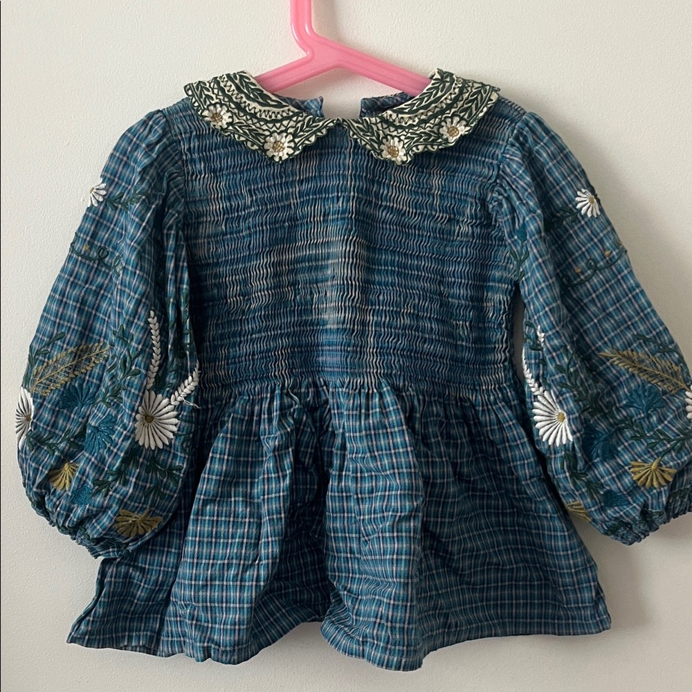 Bonjour Kids Blue Plaid Shirt with Floral Embroidery
